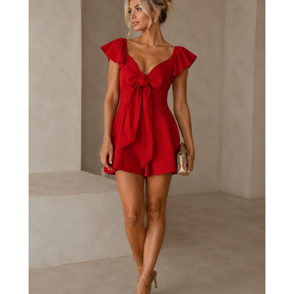 Runaway Red Off Shoulder Ruffled Romper Womens XS Coquette Bow Summer Party
